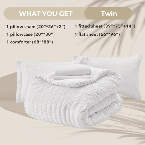 HYMOKEGE White Twin Comforter Set Seersucker 5 Pieces, All Season Luxury Bed in a Bag for Bedroom, Bedding Set with Comforters, Sheets, Pillowcase & Sham HYMOKEGE