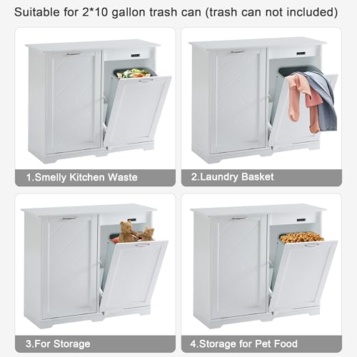 VECELO Double Tilt Out Kitchen Trash Bin Cabinet Dog Proof Garbage Can with Wood Holder Free Standing Recycling, White VECELO