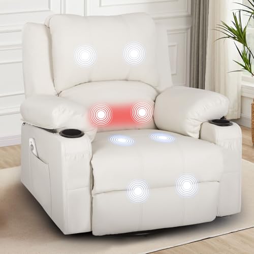 Comermax Faux Leather Rocker Recliner with Heat and Massage Cup Holders, Overstuffed Rocking Recliner Swivel Glider Chair for Nursery Heated Massaging Reclining Chair, Cream White
