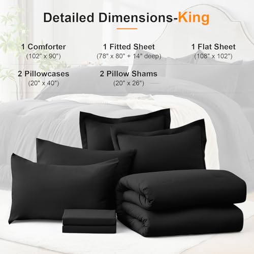 Easthome Queen Comforter Set 7 Piece - Black Soft Bed in a Bag Queen Size Comforter Sets, Cozy Luxury Bedding Sets with Down Alternative Comforter, Flat Sheet, Fitted Sheet, 2 Pillowcases & 2 Shams Easthome