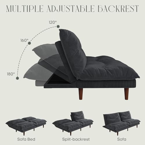 DreamDashio Futon Sofa Bed, 69 inch Futon Couch with Adjustable Backrest, Corduroy Convertible Sleeper Sofa Bed, Folding Sleeper Recliner for Apartment, Living Room, Office, Grey DreamDashio