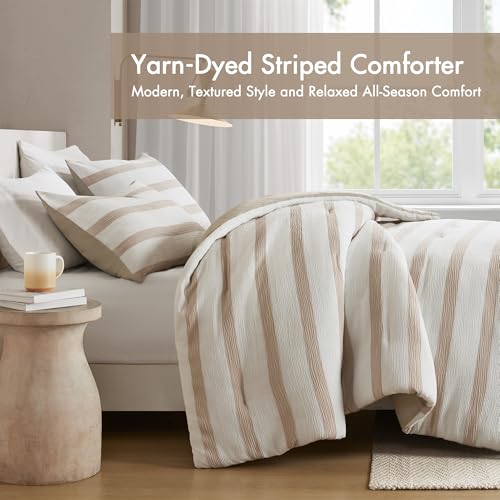 Madison Park Essentials Striped Comforter Set King/Cal King Size, Yarn-Dyed Reversible Comforter with Minimalist Stripes, Crinkled Texture Bedding Set for All-Season Lightweight Warmth, Merritt Taupe Madison Park