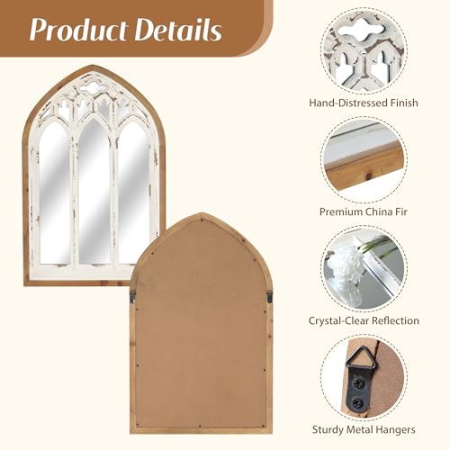 Synovana Arch Window Wall Mirror - Farmhouse Cathedral Wall Decor with Wooden Frame for Entryway Hallway Living Room - 16.14" x 1.38" x 25.2" Synovana