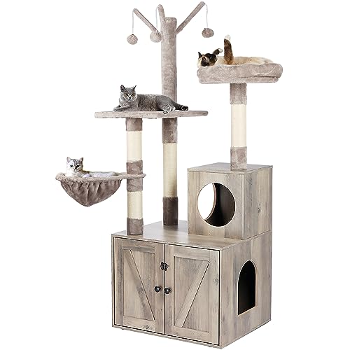 Timberer Litter Box Enclosure with Cat Tree, Wooden Cat House with Cat Tree Tower, Hidden Cat Litter Box Furniture with Scratching Post, Modern Cat Condo, Grey Timberer