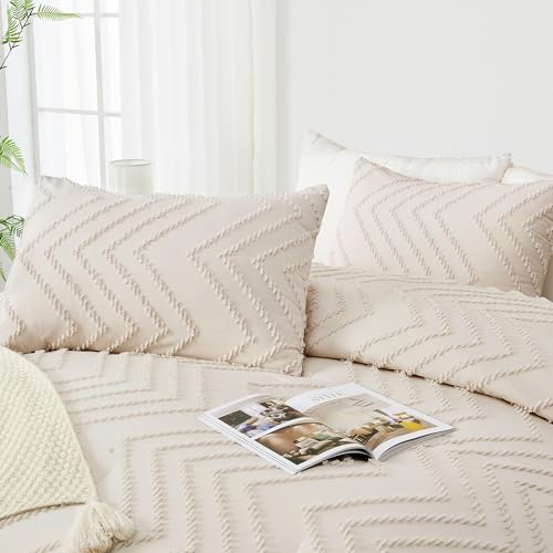 Andency Comforter Full Size Set, Beige Boho Cream Soft Warm Tufted Neutral Bedding Comforter Sets for Full Size Bed, 3 Pieces Aesthetic Chevron Farmhouse Cute Bohemian Textured Bedding Set Andency