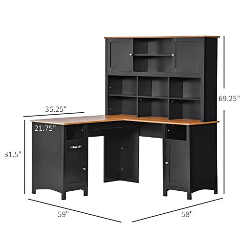 HOMCOM L Shaped Computer Desk with Hutch, 59" Corner Desk, Space Saving Home Office Desk with Storage Shelves, Drawer and Cabinet, Black HOMCOM