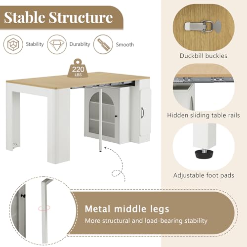 Hennhari Extendable Console Dining Table with Power Outlet & Iron Support Legs, Console Table with Extension Leaves Holder & LED Lights Glass Door Storage for Dining Room (Black) Hennhari