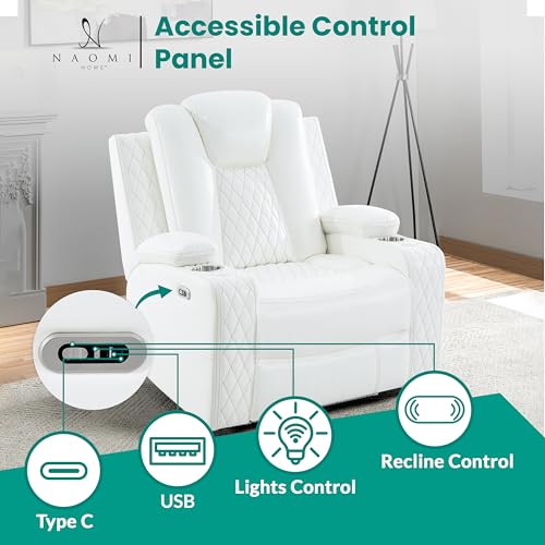 Naomi Home Chicago Power Recliner Chair with LED Lights, USB Charging Port, Adjustable Headrest, Cup Holders & Detachable Tray Tables, Faux Leather Home Theater Seating Recliner - White