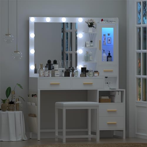 CSZZD Makeup Vanity Desk with Mirror and Lights, White Vanity Desk with Charging Station, LED Cabinet, 5 Drawers & Storage Bag, Vanity Mirror with Lights Desk and Chair, Vanity Table Set with Stool CSZZD
