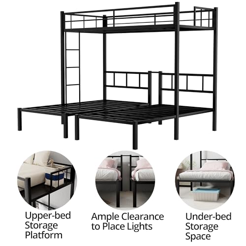 TURRIDU Metal Triple Bunk Bed for 3, Twin Over Twin Over Twin Bunk Beds with Built-in Ladders, Separates into 3 Twin Beds for Teens, Adults, No Box Spring Needed, Black TURRIDU