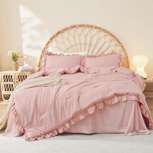Litanika Full Size Comforter Sets, 3 Pieces Blush Pink Ruffle Girls Women Cute Bedding Comforters & Sets, Lightweight Fluffy Microfiber as Gift (79x90In Comforter & 2 Pillowcases) Litanika