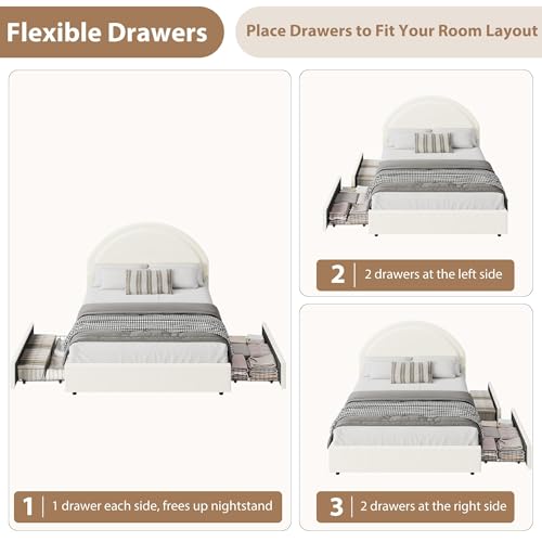 Garvee Queen Size Bed Frame with Storage Drawers, Upholstered Boucle Platform Bed with Round Headboard, Heavy Duty & Noise Free, No Box Spring Needed, Beige Garvee