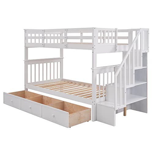 Merax Twin-Over-Twin Bunk Bed with Three Drawers, Soild Wood Stairway Bunk Bed with Storage and Guard Rail for Bedroom, Dorm, White Merax