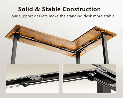 Casaottima 63 Inch Reversible L Shaped Electric Standing Desk, Ergonomic Height Adjustable Desk, Large Lift Corner Stand up Table for Workstation, Home Office, Reception Room, Rustic Brown Casaottima
