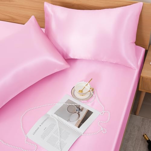 NSGZ 2 Pcs Satin Fitted Sheet and Pillowcase Set, Twin Silky Bottom Bedsheet Fit up to 15 Inch Deep Pocket Mattress, Pink Soft Satin Bedding Includes 1 Fitted Sheet and 1 Pillowcases NSGZ