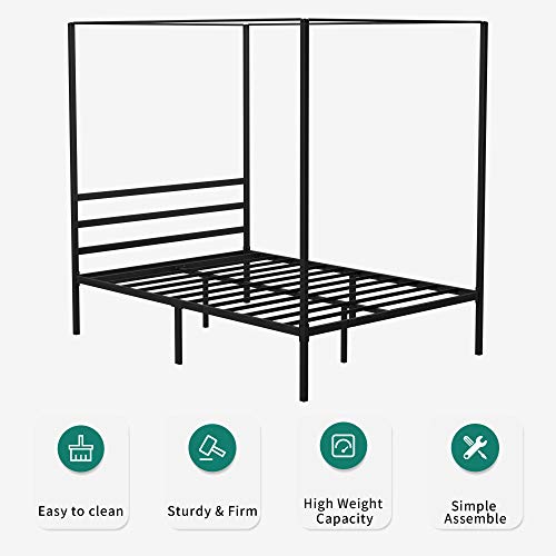 YITAHOME Canopy Bed Frame Metal Four Posters 14 Inch Platform with Built-in Headboard Strong Metal Slat Mattress Support, No Box Spring Needed, Black, Queen Size