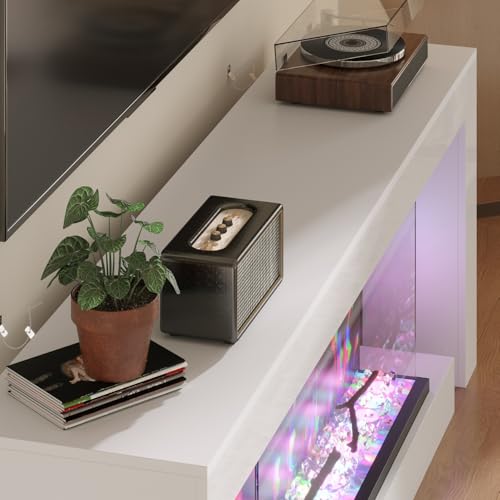 TAMUNE 66.9” Fireplace TV Stand with 40” Electric Fireplace, LED Lights, High Gloss TV Media Console Table, Glossy Entertainment Center for Living Room, White and Black, 13.8”D x 66.9”W x 23.6”H TAMUNE