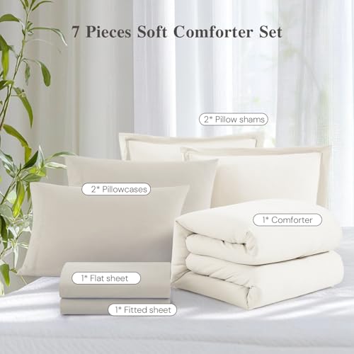 WRENSONGE Queen Comforter Set - 7 Pieces White Soft Bed in a Bag Queen with Fitted Sheet, Flat Sheet, 2 Pillow Shams, and 2 Pillowcases- Warm Bedding Sets for All Season WRENSONGE