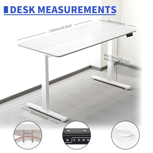 ERGOMAKER 43" Electric Standing Desk, Adjustable Height, Sit Stand Up Desk for Home Office & Computer Workstations, Memory Controller, White ERGOMAKER