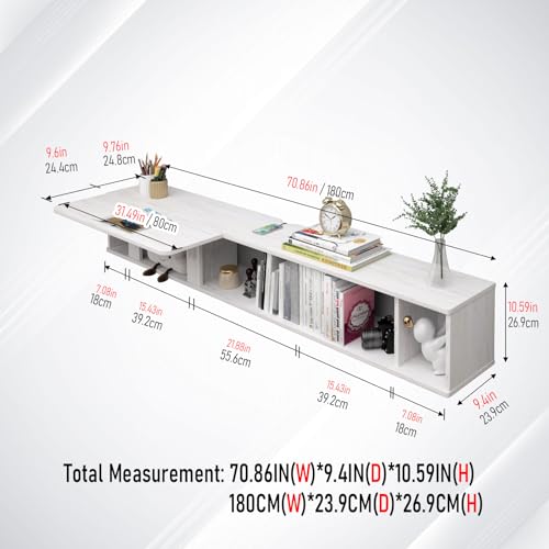 Pmnianhua 70'' Floating Desk with Storage Shelves,Wall Mounted Desk Laptop Computer Writing Study Table for Bedroom Small Space(White) Pmnianhua