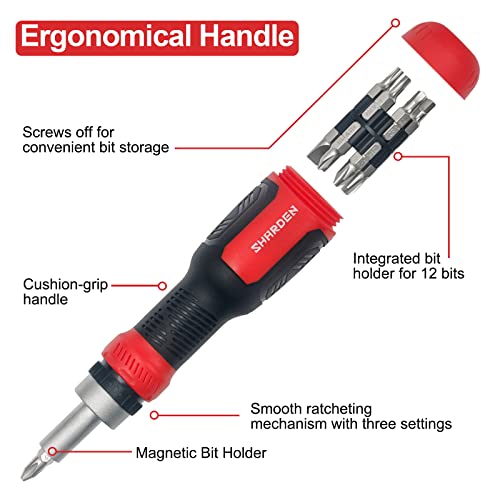 SHARDEN Ratchet Screwdriver 13-in-1 Ratcheting Screwdriver Set Multi Screwdriver Tool All in One with Torx Security, Flat Head, Phillips, Hex, Square and 1/4 Nut Driver Sharden