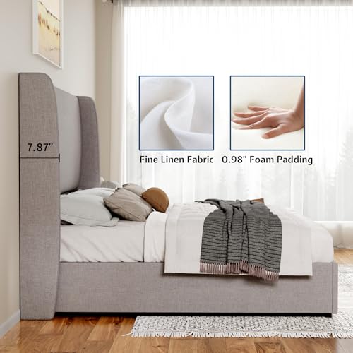 Jocisland Queen Size Lift Up Storage Bed Frame Linen Upholstered Platform Bed/Hydraulic Storage/Modern Wingback Headboard/No Box Spring Needed/Wood Slats Support/Light Grey Jocisland