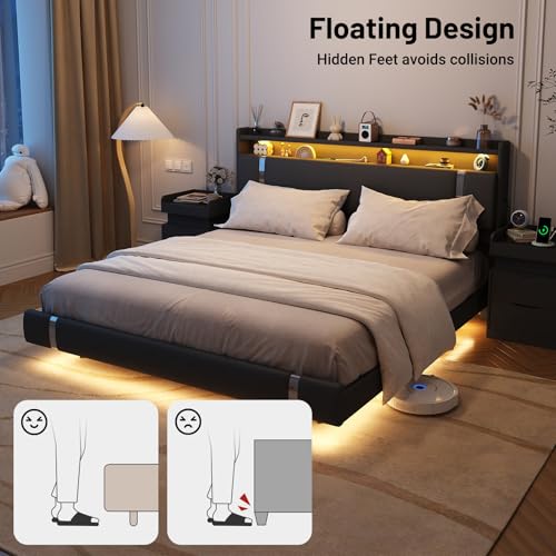 Seeday Floating Bed Frame with Storage Headboard, Modern Black King Size Bed Frame with LED Light and Charging Station, Upholstered Platform Bed Frame, No Box Spring Needed, Metal Frame Noise-Free Seeday