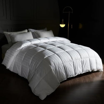 puredown® Goose Feather Comforter Twin Size - All Season Duvet Insert, Ultra Soft Stripe 100% Cotton Shell Hotel Collection Comforters, 500 Thread Count with Ties (68x90'',Stripe White)