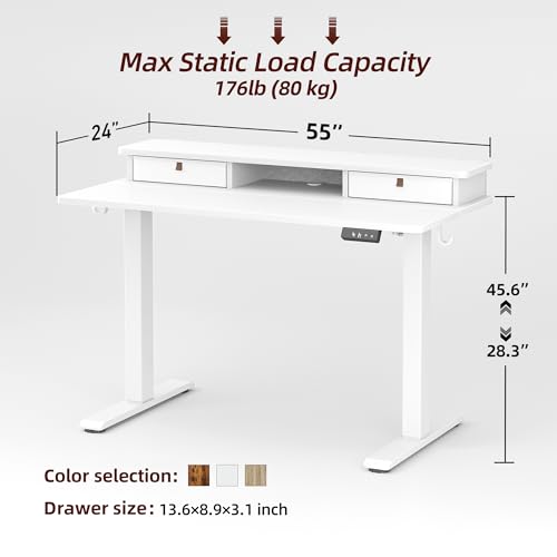 TIQLAB Standing Desk with Two Drawers, Stand Up Standing Desk Adjustable Height, Electric Sit Stand Table with Storage Shelf and Splice Board, 55 * 24 inch, White TIQLAB