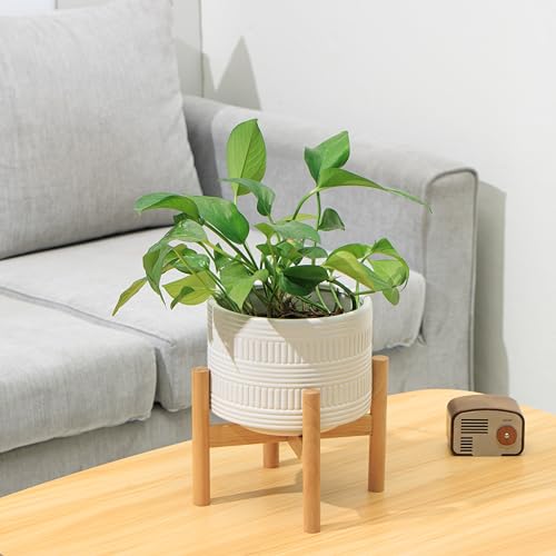 Kurrajong Farmhouse White Plant Pot with Stand | 7.25" Ceramic Planter Pot with Wood Stand for Indoors | Bamboo Plant Stand with Pot. Plant not Included | White Planter Pot is 7.25" Wide x 5.75" high Kurrajong Farmhouse