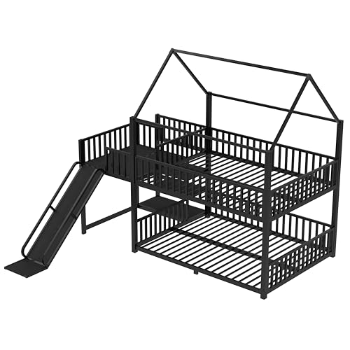 Bellemave Metal Bunk beds Full Over Full with Slide and Storage Stairs, House Floor bunk Bed with guardrail for Kids,Black Bellemave