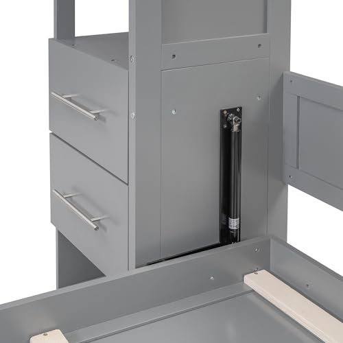 Ball & Cast Wall Bed Queen Size Murphy Beds with 2 Four-Layer Shelves and 4 Drawers,Wood Storage Hideaway Cabinet w/LED Lights,Space-Saving for Home Office,Study,Guest Room,Gray Ball & Cast