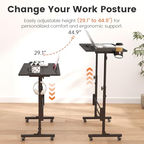 Hadulcet Small Standing Desk Adjustable Height, Mobile Stand Up Desk with Wheels, Portable Walking Pad Table Stand, Rolling Laptop Cart for Standing or Sitting, Black Hadulcet