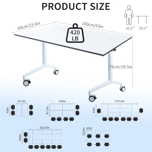 Conference Table Folding Conference Room Table with Wheels 63”x 23.6”Mobile Meeting Tables Foldable Rolling Modern Minimalist Desk for Office Podcast Training Breakroom, White(2pcs) Bisonful