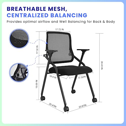 BROBRIYO PRO, Stackable & Foldable Conference Room Chairs with 2X Thick Cushion, Lumbar Support, Armrest - Mesh Bouncing Back for Office Meeting, Conference, Training Room Chair 1 Pack
