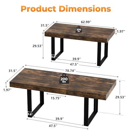Zevemomo 63"-78.7" Expandable Dining Table, 6-10 Farmhouse Kitchen Table, Extendable Dining Table, Rectangular Kitchen Table with Metal Track, Tapered U-Shaped Leg for Dining Room,Office-Rustic Brown Zevemomo