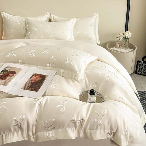 Nayoroom Bow Duvet Cover Queen Size Cooling Duvet Cover for Hot Sleepers 3 Pieces Elegant Cream White Satin Jacquard Breathable Bedding Set with Zipper Closure, Girls Dorm Bedding Nayoroom