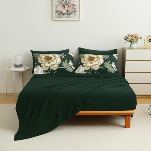 Luxudecor Floral Comforter Set Queen Size 7 Pieces Bed in a Bag,Beige Flower Print on Dark Green Bedding Set,Soft Microfiber Bedding Set for All Season (Dark Green,90"x90") Luxudecor