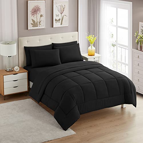 Sweet Home Collection 5 Piece Comforter Set Bag Solid Color All Season Soft Down Alternative Blanket & Luxurious Microfiber Bed Sheets, Black, Twin Sweet Home Collection
