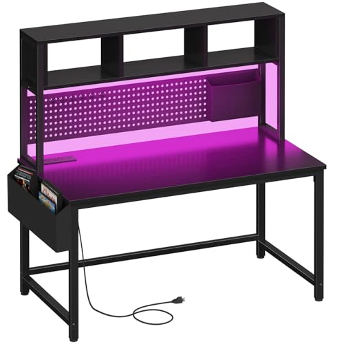 DLisiting Black Gaming Desk with Hutch and Pegboard - 47 Inch Gaming Desk with Shelves Storage Power Outlets, Computer Teen Work Study Writing Desks for Bedroom Home Office DLisiting