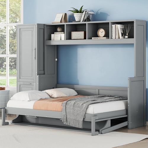 Merax Full Size Murphy Bed, Wall with Closet and Drawers, Storage Space Saving Muti-Functional Beds Frame for Home Office Guest Room, Gray Merax