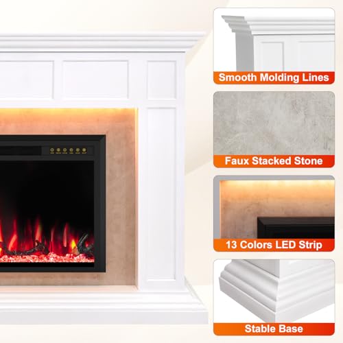 Electric Fireplace Mantel with Grey Marble Finish, 69” Fireplace TV Stand with 42”Electric Fireplace Heater, Remote Control, Adjustable Led Flame, Corner Fireplace for Living Room, Bedroom, White Eshoma