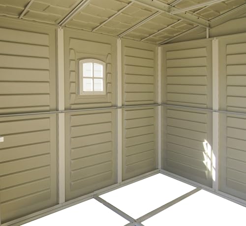 Duramax Woodbridge Plus 10.5 x 8 (8.02 m2) Plastic Garden Shed with 1 Fixed Window & Metal Foundation Kit, Strong Metal Roof Structure Fire Retardant and Maintenance-Free Storage Shed - Ivory/Brown DURAMAX