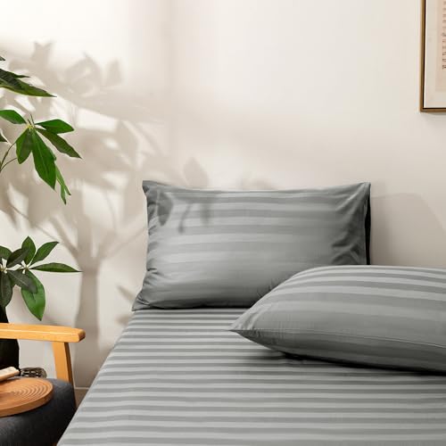 NookZuzu 3 Piece Cotton Stripe Fitted Sheet and Pillowcase Set,Including 1 Full Gray Fitted Sheet & 2 Pillowcase Set,Organic Cotton Deep Pocket Fitted Sheet,NO Flat Sheet Included,Soft and Cooling NookZuzu