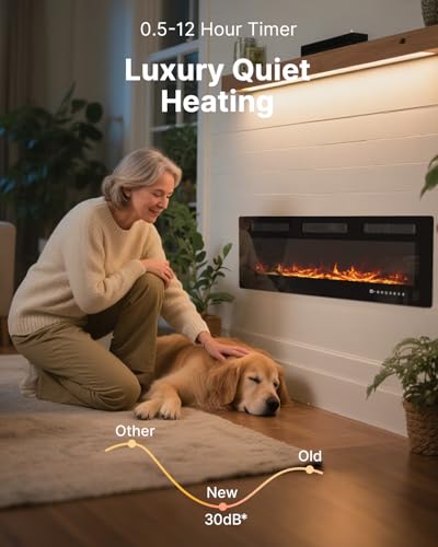 Electric Fireplace 50 Inch with 3 Remotes, Recessed or Wall Mounted Electric Fireplace Insert with 15 Flame Colors & 6 Adjustable Speeds, 1500/750W Linear Fireplace Heater, 12H Timer, Log & Crystal FODINGHILL