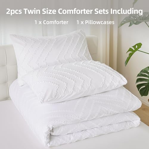 YIRDDEO White Twin Comforter Set 2Pcs, Boho Farmhouse Twin Size Bedding Set, Vertical Tufted Twin Bed Set, Lightweight Neutral Bedroom Set (1 Comforter 1 Pillowcase) YIRDDEO