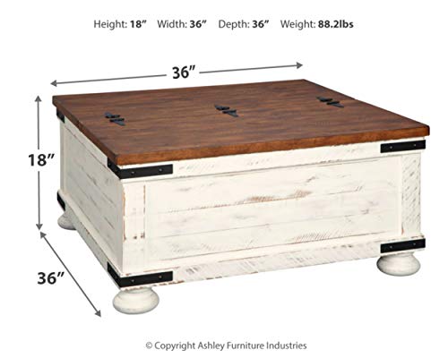 Signature Design by Ashley Wystfield Farmhouse Square Storage Coffee Table with Hinged Lift Top, Distressed White Signature Design by Ashley