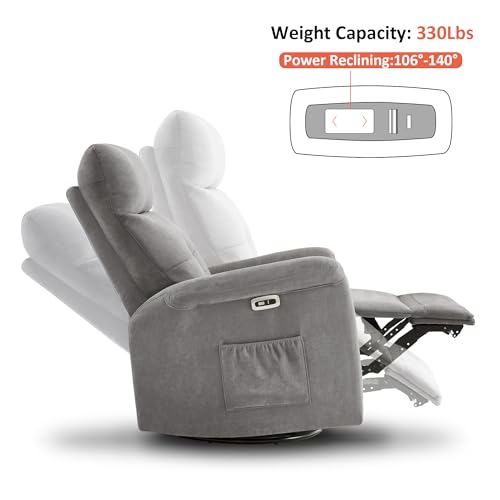 MCombo Power Swivel Glider Recliner Chair, Electric Rocker Recliner Chairs with USB Charging Ports for Living Room and Nursery, Fabric 7763 (Light Grey)