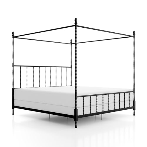 Furniture of America Vaeli Modern Metal King Size Four Poster Bed Frame with Spindles, Canopy Bedframe for Bedroom, Guest Room, Box Spring Required, Black