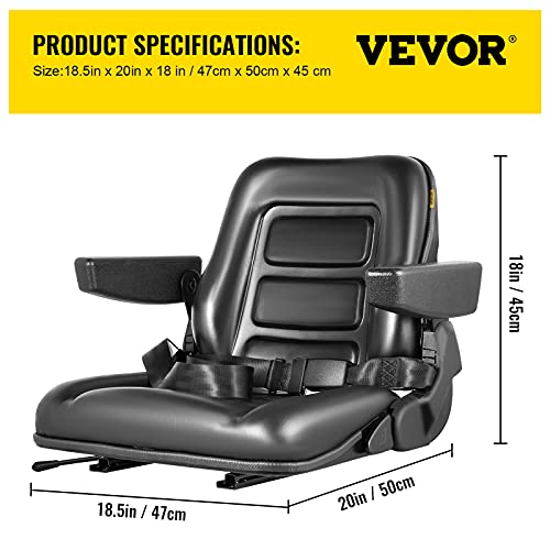 VEVOR Universal Forklift Seat Black PVC Tractor Seat, 6"/150MM Adjustable Mower Seat Foldable Seat Including Armrests, Seat Belt, Seat Switch, Skid Steer Seat Fit Forklift, Tractor, Skid Loader VEVOR